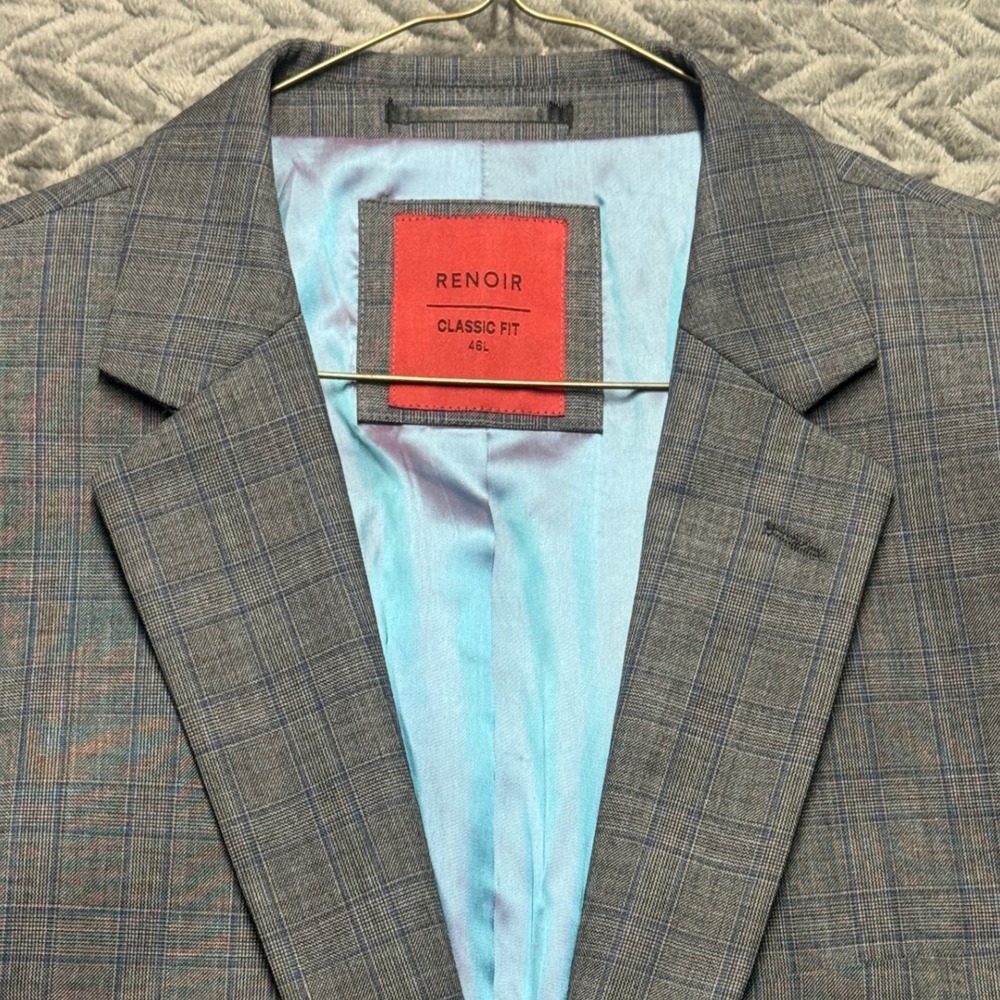Renoir Mens Classic Fit Gray Plaid Wool Blend 2 Button‎ Blazer Jacket 46L 555-8